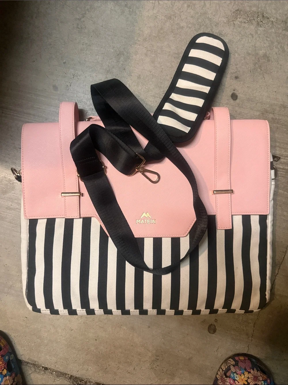 Madden Pink Top-Handle Laptop Bag with Black & White Stripes